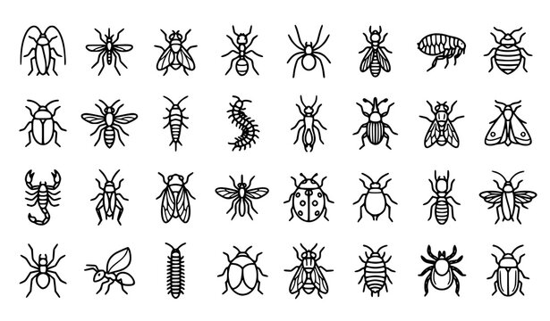 Pest control monoline insect icon set with harmful bugs cockroach mosquito ant fly and vector illustration symbols