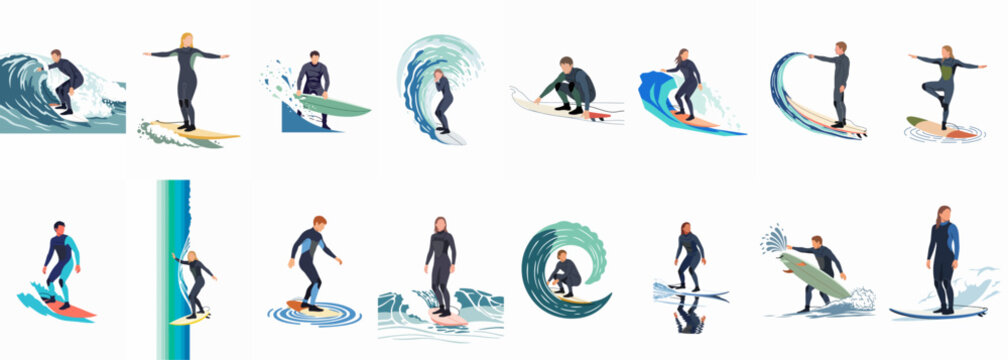 Collection of flat vector illustrations depicting diverse male and female surfers in wetsuits riding waves on surfboards isolated on a white background.
