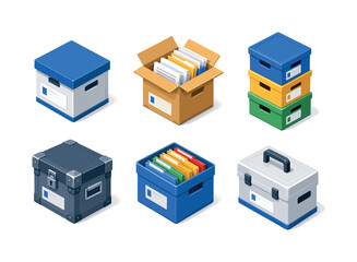 Fototapeta premium File boxes. Isometric flat vector icons set of File boxes: labeled archive box, open document box, stacked storage boxes, reinforced file container, color coded file box, portable handle box. Arrange