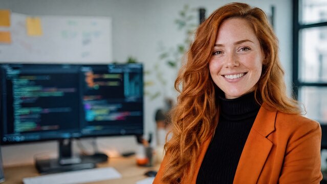 Generative AI, Smiling female software developer with red hair in front of dual coding monitors