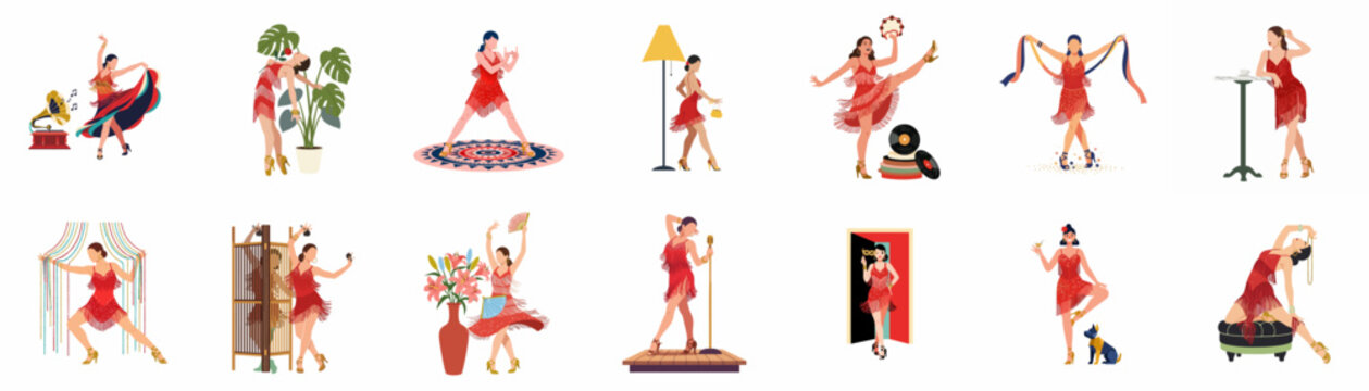 Set of flat vector illustrations featuring a stylish 1920s flapper woman in a red fringe dress dancing, singing, and enjoying a vintage lifestyle.