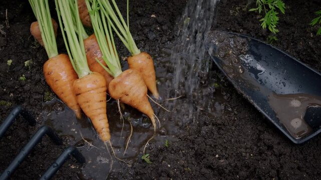 Stream of water falling on a bunch of fresh carrots next to gardening tools.