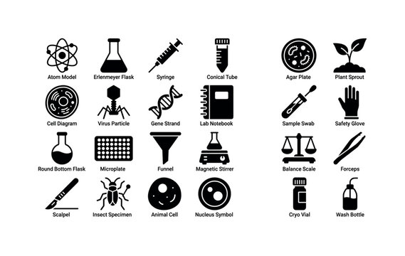 Molecular Study Icons. Solid glyph icon set of biology research: atom model, erlenmeyer flask, syringe, conical tube, agar plate, plant sprout, cell diagram, virus particle, gene strand, lab notebook,