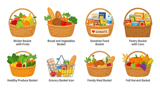 Vector Set of Various Grocery Baskets Filled with Fresh Food and Donations in a Modern Illustrative Style for Healthy Eating and Food Drive Campaigns