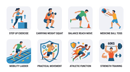 Fototapeta premium Vector Set of People Engaging in Various Fitness Activities and Exercises Outdoors for Health and Wellness