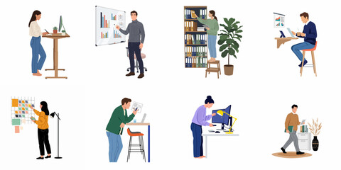 Fototapeta premium Set of flat illustrations showing people working in different office and home office environments with desks, computers, charts, and bookshelves.