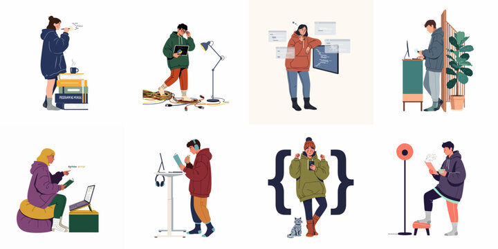 Set of flat vector illustrations depicting diverse young programmers and developers working on code and software projects in a comfortable home office environment.