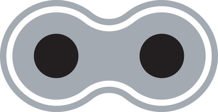 Bike chain master link vector illustration. Overhead flat view of a gray steel missing link bicycle chain connector component featuring two black pin holes and a symmetrical outer contour edge.