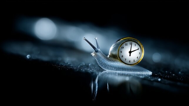 Glass snail holds a clock face as it slowly moves through abstract light, showing the value of time and the cost of delay
