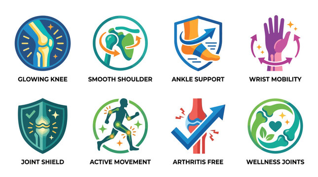 Vector Set of Eight Icons Representing Joint Health and Wellness Concepts Including Glowing Knee, Smooth Shoulder, Ankle Support, and Wrist Mobility