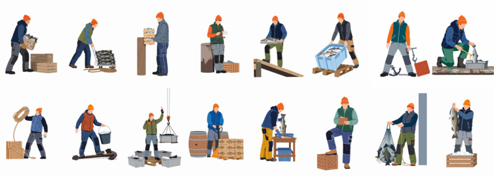 Collection of commercial fishermen and port workers performing various tasks like handling, sorting, and processing fresh catch, isolated on a white background.