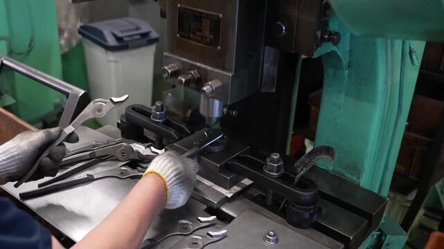 Worker feeding pliers blanks into mechanical press for secondary stamping in tool factory