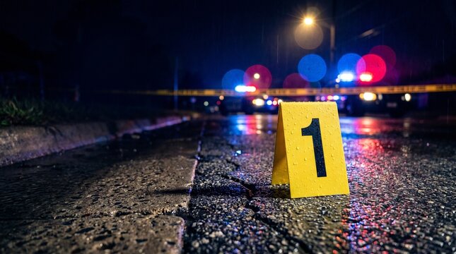 Forensic marker #1 on a wet road at a night crime scene, with flashing police lights and yellow tape in the blurry background. Evokes mystery and law enforcement investigation.