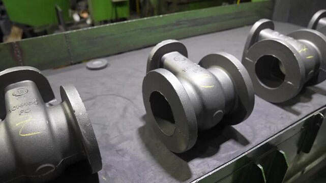 Multiple cast iron industrial valve bodies with JIS markings displayed on foundry conveyor