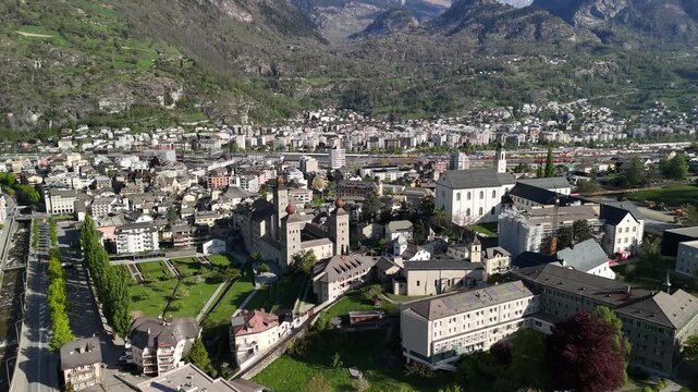 Brig Swiss holiday town below Alps Stockalper Palace Switzerland aerial drone landscape Simplon Pass