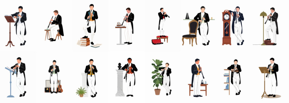 Collection of male oboe players in formal attire, various poses with musical accessories, flat vector illustration isolated on white background.