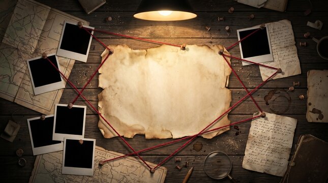 A vintage detective investigation board with old maps, blank photos, and documents, connected by red string under a warm lamp. Ideal for mystery, crime, and historical themes.