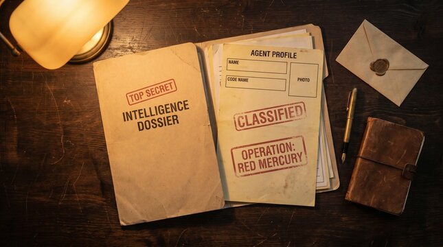 A classified intelligence dossier for 'Operation Red Mercury' and an agent profile on a vintage wooden desk, lit by a lamp, evoking espionage and mystery.