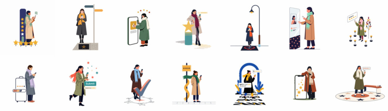 Illustration set of women using mobile apps to give ratings, feedback, and star reviews in various outdoor and travel contexts.