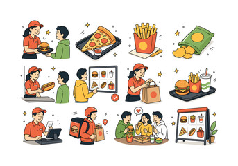Fototapeta premium Fast Food Menu. Pizza, chips, burger, french fries, hot dog, takeout meals, snack ordering, restaurant service, and quick food collection. 12 minimalist editorial vector scenes: a server hands over a