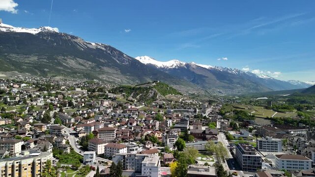 Swiss town of Sion in the Rh&ocirc;ne valley within the canton of Valais Switzerland aerial drone