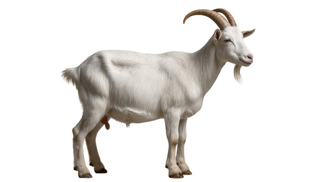 White goat with curved horns and beard standing
