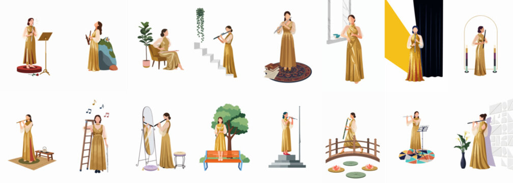 Collection of flat vector illustrations featuring a woman in a shimmering golden dress playing various woodwind instruments in diverse indoor and outdoor settings.