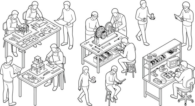 Isometric engineering and design workshop with people working on architectural models, mechanical gears, and electronics transparent background
