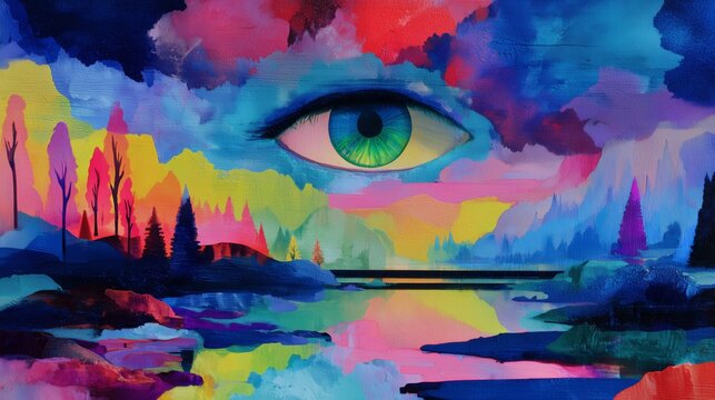 Vibrant surreal landscape with a large eye showing many emotions in a world full of color and shapes