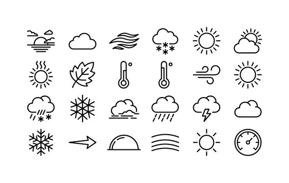 Cloud Season Variants. Line icon set of weather sky states: twilight sky, overcast cloud, altostratus cloud, snow cloud, daytime sun, cloudy day, indian summer sun, autumn leaf, degree thermometer,