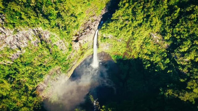Aerial view of Trou de Fer canyon waterfalls Reunion	