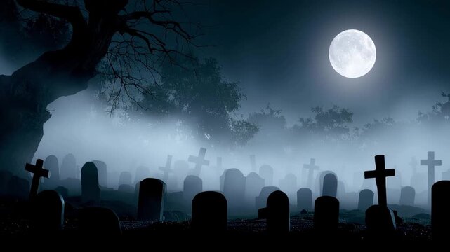 Nighttime graveyard cemetery, full moons eerie fog creating spooky shadows