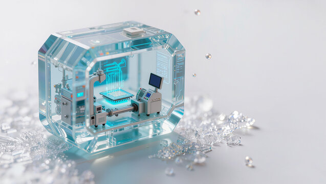 Premium translucent glass cube with chip and snowflakes on white, cool technology concept, editorial 3D render with copy space
