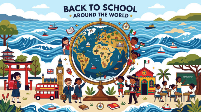 Global Education Concept: Diverse Kids, Globe, Landmarks & School Buildings