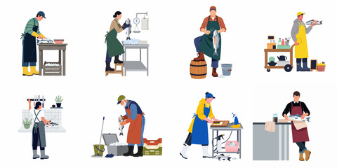 Fototapeta premium Collection of professional fishmongers and seafood workers cleaning, weighing, and preparing fresh fish for sale in various settings.