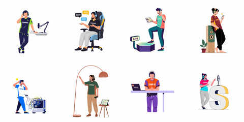 Set of flat illustrations featuring diverse characters involved in professional gaming, e-sports, live streaming, and social media content creation. © Wolu
