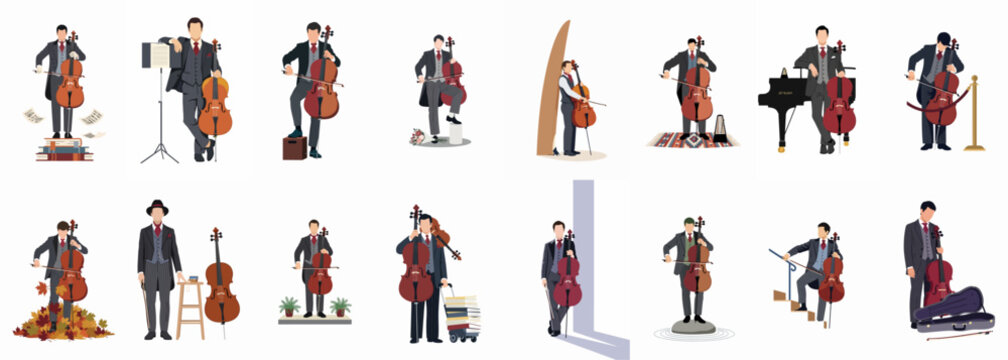 Collection of flat vector illustrations depicting a male cellist in various elegant poses with his instrument and diverse props.