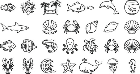 Sea life and ocean animals line icon set for marine biology vacation travel and summer beach design © Sabbir Studio