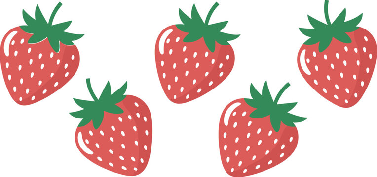 "Bright red cartoon strawberry vector illustration with green leaves, playful scattered pattern, and simple colorful design elements"