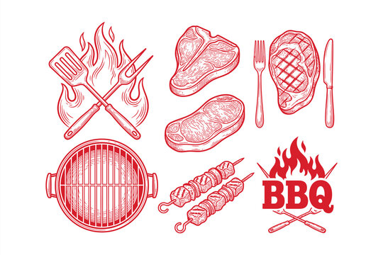 Bbq grilling illustration with steak skewers and grill