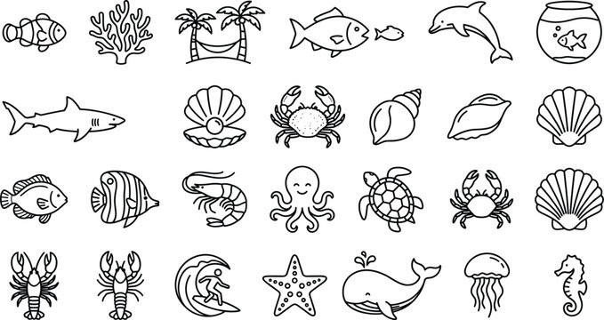 Sea life and ocean animals line icon set for marine biology vacation travel and summer beach design