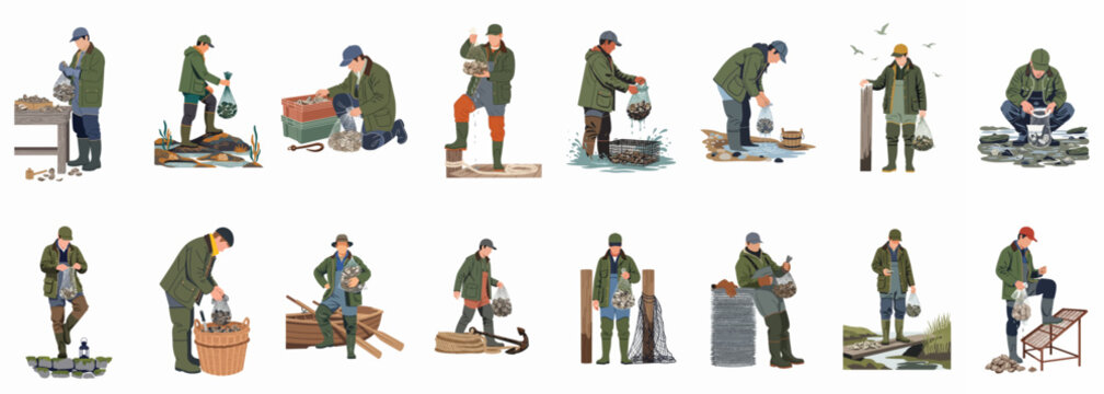 Collection of flat vector illustrations depicting professional oyster farmers harvesting, sorting, and cleaning fresh seafood in various coastal work settings.