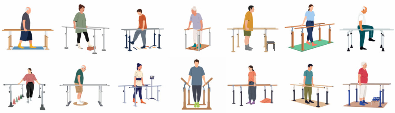 Comprehensive collection of diverse people performing rehabilitation and gait training exercises on physical therapy parallel bars, suitable for medical and healthcare themes.
