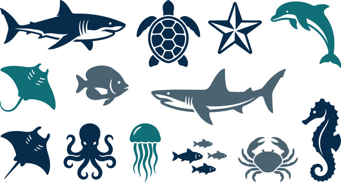 Marine life silhouette icon vector set featuring sharks sea turtle dolphin stingray octopus jellyfish and seahorse icons for ocean wildlife design concepts