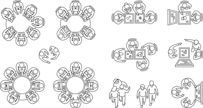 Top view of people working in a modern office, business team meeting, brainstorming, collaborative work, vector illustration set transparent background
