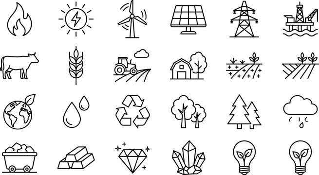 Renewable energy ecology agriculture and natural resources line icon set for green environmental sustainability design