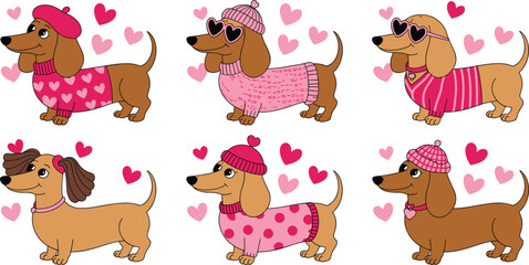 "Adorable cartoon dachshunds in pink sweaters and accessories with hearts for Valentine’s Day love and celebration projects" © SAHARA