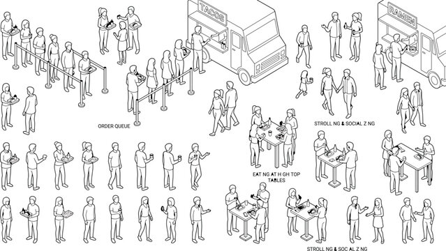 Isometric people collection at food trucks, queueing, eating at tables, and strolling in a park or outdoor food festival setting transparent background
