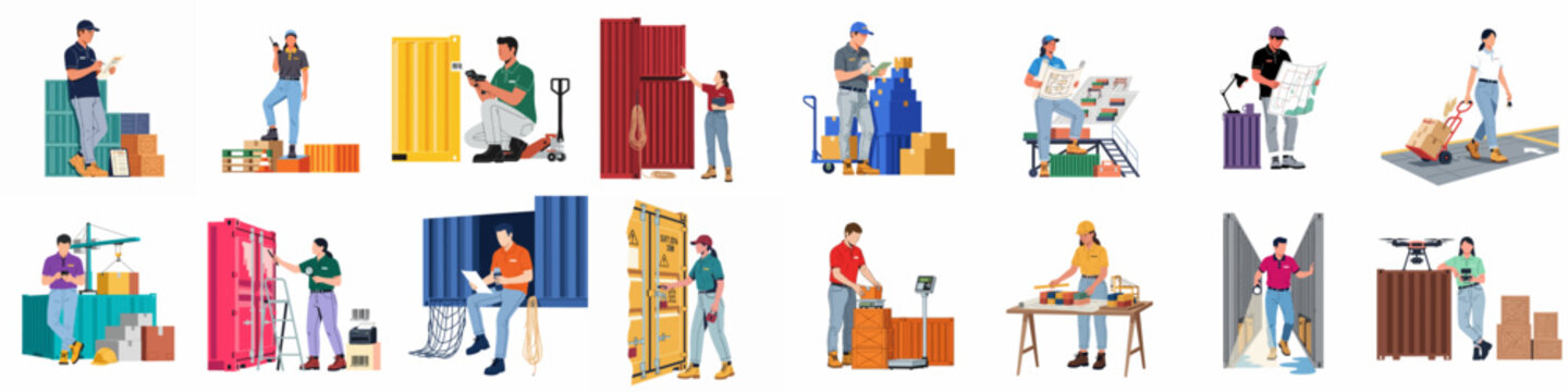 Collection of flat illustrations depicting diverse logistics workers engaged in shipping, warehouse management, container handling, cargo inspection, and freight delivery operations.
