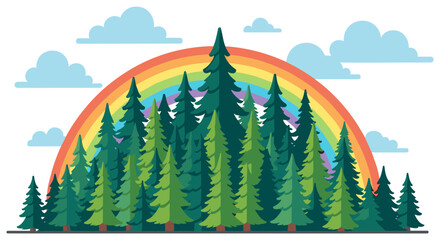Fototapeta premium Colorful rainbow over a pine tree forest landscape with landscape outdoors colorful illustration wilderness evergreen woodland